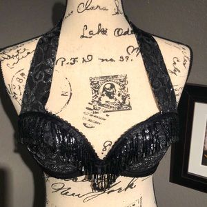 Silver metallic patterned black bead bustier
